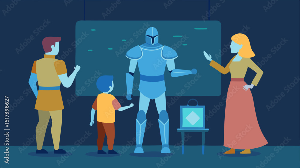 Poster interactive artifact an illustration of a medieval armor exhibit where a family interacts with a hov