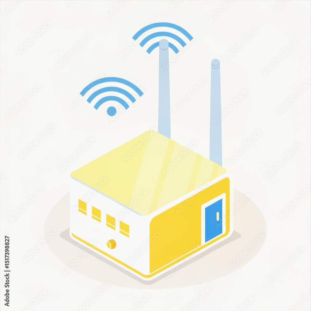 Poster wifi extender concept. modern building with antennas and wireless signals depicted in a minimalist s