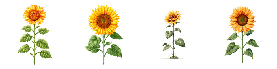 Fototapeta premium Sunflowers in various stages of bloom, showcasing vibrant yellow petals and lush greenery, perfect for nature-inspired designs and illustrations.