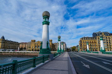 Iconic street light sculptures along the Kursal Bridge in San Sebastián