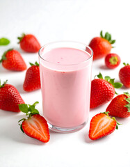 Sweet strawberry milkshake with whole strawberries and creamy topping