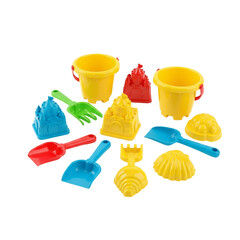 Assorted colorful plastic sand toys including buckets, molds, and tools on white background isolated on transparent background