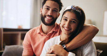 Hug, couple and portrait in living room with smile, bonding and weekend date in apartment. Embrace,...