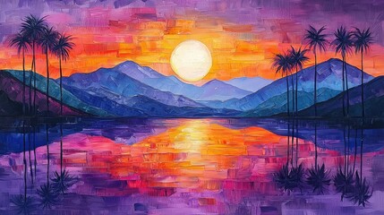 Vibrant sunset over a tranquil lake, with mountains reflected in the water.
