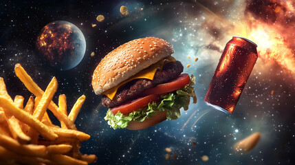 Delicious fast food—hamburger, fries, and soda can—drifting in zero gravity against a cosmic backdrop of glowing stars and nebulae, surreal space food concept, perfect for stock photography.