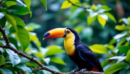 Naklejka premium a vibrant tropical scene with a large toucan perched prominently in the center of the frame