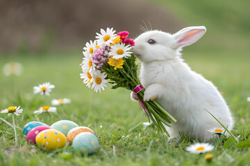 Bunny holding a flower bouquet with eggs nearby