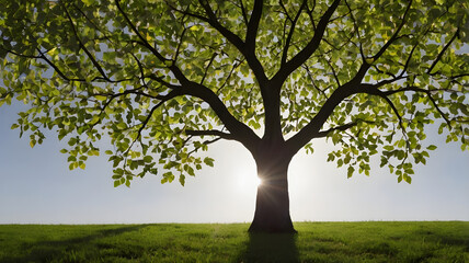 Obraz premium Giant Tree Silhouette: A breathtaking image capturing the sun's embrace as it filters through the canopy of a magnificent tree, with the gentle grass embracing the earth. The sun is behind the tree.