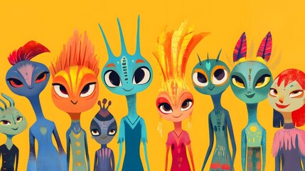 Fototapeta premium Group of colorful, stylized alien characters.