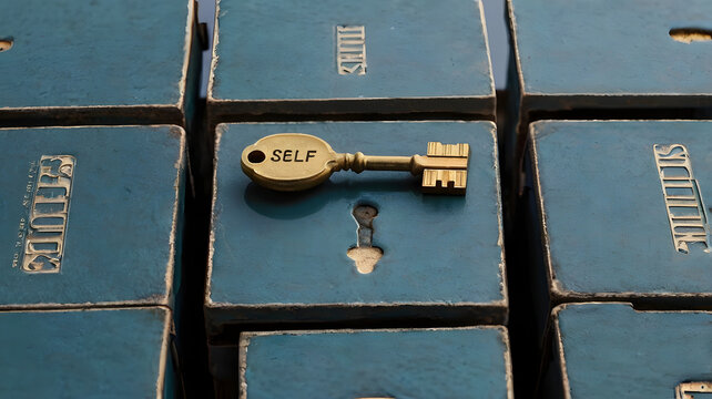 Key to Self-Discovery: A symbolic brass key inscribed with the word "SELF" rests on a series of teal-colored boxes, suggesting the unlocking of inner potential and personal growth.