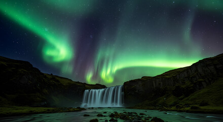 Aurora Borealis Over Waterfall at Night in Iceland