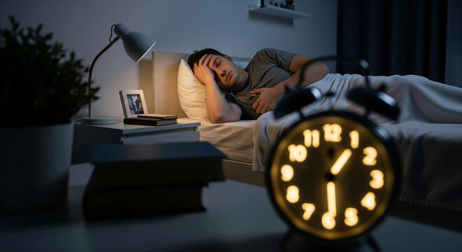 A man struggles with insomnia at night, lying awake in bed and staring at the clock. This image represents sleep disorders, anxiety, and restless nights—ideal for mental health or wellness content.