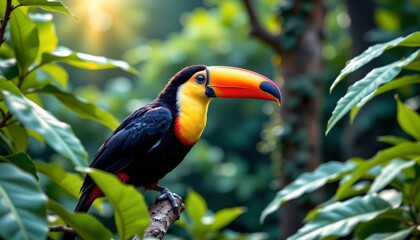 Obraz premium a vivid tropical bird with a rainbow colored plumage perches in a lush plant setting. the bird stands out against the verdant background, surrounded by vibrant foliage