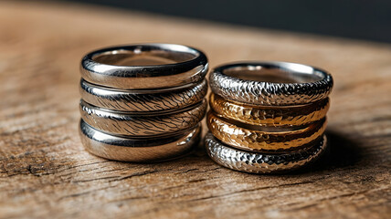Stacked Rings on Wood: Elegant silver and gold rings, featuring unique textured designs, are artfully stacked on a rustic wooden surface.