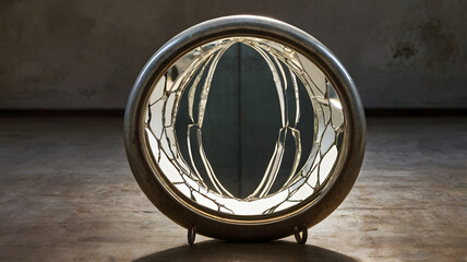 Elegant Circular Cabinet: A beautifully crafted circular cabinet with an intricate glass pattern sits gracefully on a wooden floor against a textured wall.