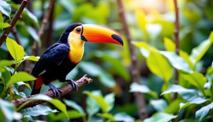 Fototapeta premium a vibrant toucan bird with yellow, blue, and red plumage perches on a branch surrounded by lush green foliage