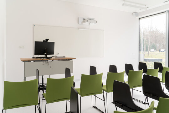 Modern Classroom with Green Chairs