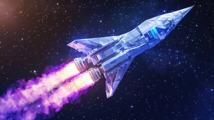 Naklejka premium Low-poly spaceship launching, fiery exhaust trails against cosmic backdrop