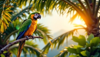 Obraz premium there is a colorful parrot perched on a branch of a tropical tree. the bird is sitting near palm fronds that are visible in the background
