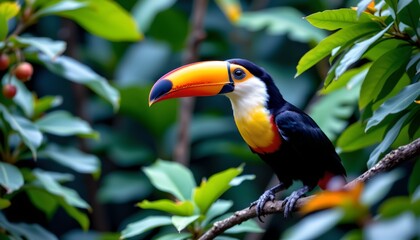 a vibrant parrot perched amidst lush green foliage with orange red berries. the bird is colorful, with yellow body, white face, and black head contrasting against the tropical backdrop