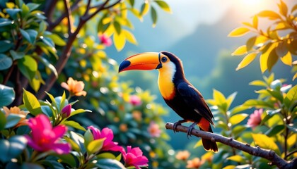 a tropical bird perched on a branch amidst vibrant flowers, creating a serene and colorful scene