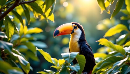 a tropical parrot perched in a lush green leafy plant, with a blurred background suggesting a warm climate