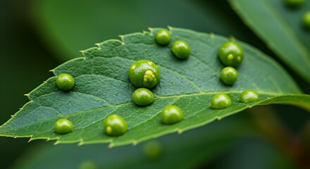 This image showcases the intricate details of a leaf affected by galls, with varying sizes of green bubbles, providing a unique perspective on plant biology.