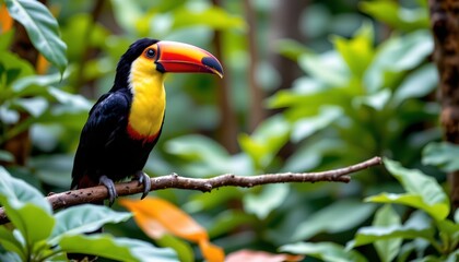 a vibrant toucan perched amidst lush greenery