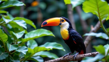 a vibrant tropical parrot perched in a leafy tree within a lush green forest