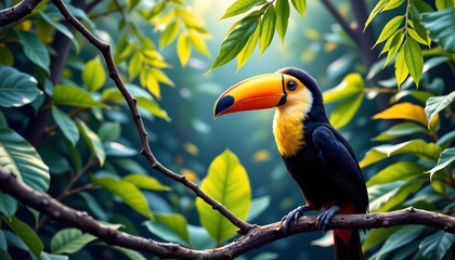 in this vibrant image, a toucan is perched on a tree branch. the bird, with its striking plumage of yellow and green, gazes out towards the viewer