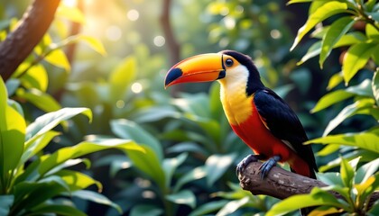 a vibrant parrot perched in a lush tropical setting. the parrot stands out with its colorful plumage, particularly in hues of yellow, green, red, and blue