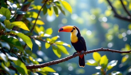 a single, colorful toucan perched on a branch within a lush green forest setting