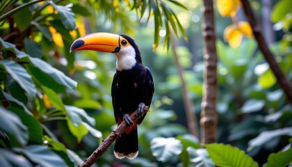 a parrot, likely a toucan given its size and distinctive bill, standing perched on a branch in what appears to be a lush tropical setting with abundant foliage and palm leaves