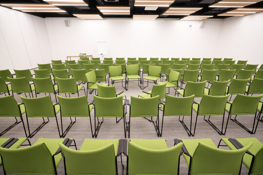 Modern Conference Room with Green Chairs