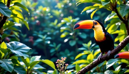 a vibrant toucan perched on a branch in what appears to be a tropical setting with lush greenery