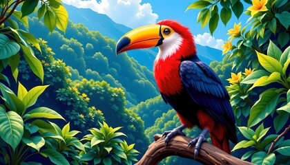 a vibrant scene set in a lush tropical environment. a large toucan with multicolored feathers is perched confidently on a sturdy branch