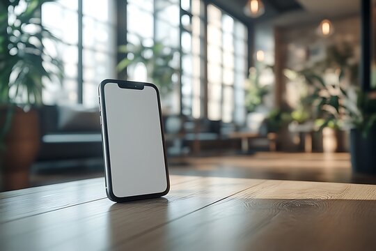Smartphone mockup with blank screen on wooden table and plants

