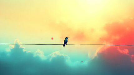 A bird perches on a wire against a colorful sky with clouds.
