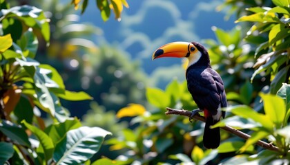 a vibrant tropical setting with a toucan prominently perched on a branch surrounded by lush green leaves