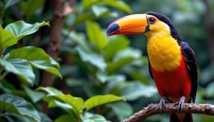 a vibrant toucan with red plumage sits perched on a wooden branch in a lush tropical environment, surrounded by verdant foliage