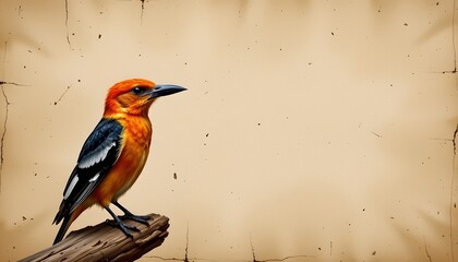 a vibrant bird perched on a tree branch in a vintage sepia tone background, creating an artistic and timeless atmosphere