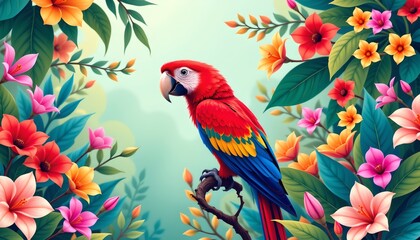 a vibrant parrot sitting amidst a lush garden of tropical flowers
