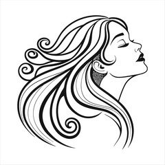 Elegant Woman with Flowing Hair in Line Art Style.