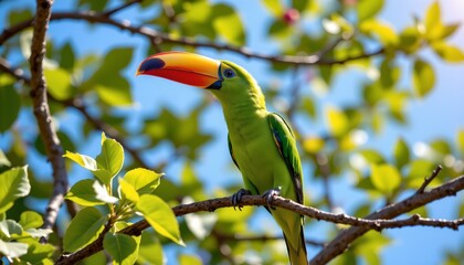 a tropical parrot perched on a branch near some foliage. the parrot has a vibrant plumage with bright colors on its feathers