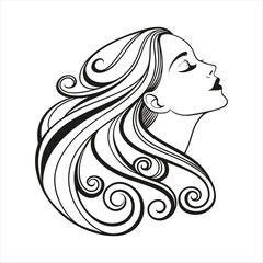 Elegant Woman with Flowing Hair in Line Art Style.