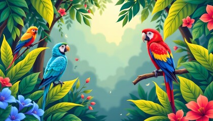 two vibrant parrots perched in a lush, tropical setting filled with a variety of colorful flowers and plants. the background is composed of dense foliage that adds depth and richness to the scene