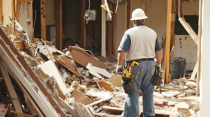 Worker in Hard Hat Surveying Demolished Interior Space