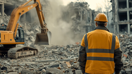 Construction Worker Overseeing Demolition Site with Excavator and Debris