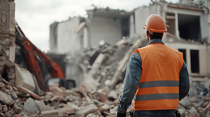 Construction Worker Overseeing Demolition Site
