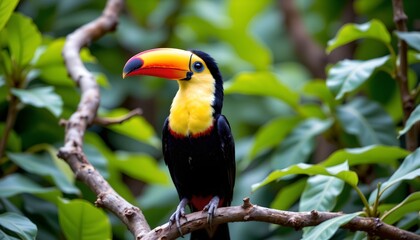 a vibrant toucan perched on a branch. its vivid yellow feathers contrast with its distinctive red beak and black eyes, making it a striking focal point in the frame